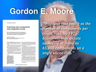 27
Gordon E. Moore
“With unit cost falling as the
number of components per
circuit rises, by 1975
economics may dictate
squeezing as many as
65,000 components on a
single silicon chip.”
 
