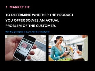 1. MARKET FIT 
TO DETERMINE WHETHER THE PRODUCT 
YOU OFFER SOLVES AN ACTUAL 
PROBLEM OF THE CUSTOMER. 
How they get inspired to buy vs. how they actually buy 
 
