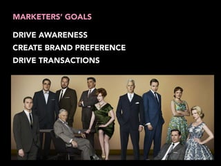 MARKETERS’ GOALS 
DRIVE AWARENESS 
CREATE BRAND PREFERENCE 
DRIVE TRANSACTIONS 
 