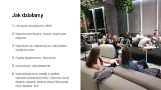 Jak działamy
1. Hub łączący ekspertów UX z NGO
2. Wsparcie komunikacyjne, prawne, merytoryczne
ekspertów
3. Indywidualna lub zespołowa praca nad projektem,
współpraca online
4. Projekty długoterminowe i ekspresowe
5. Dobrowolność, odpowiedzialność
6. Nowe doświadczenia, projekty do portfolio,
oderwanie od codziennej rutyny, budowanie pozycji
eksperta, szkolenia, dzielenie wiedzą, Rzeczywisty
Camp, Meetupy i inne
 