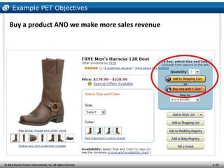 Example PET Objectives

    Buy a product AND we make more sales revenue




© 2012 Human Factors International, Inc. All ...