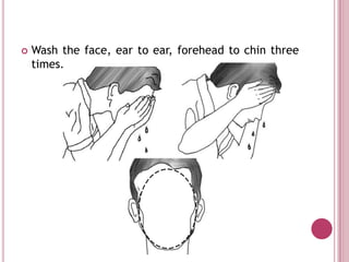    Wash the face, ear to ear, forehead to chin three
    times.
 