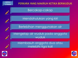 MENU
UTAMA     PERKARA YANG MAKRUH KETIKA BERWUDUK

                Bercakap-cakap

             Mendahulukan yang kiri

           Berlebihan menggunakan air

        Mengelap air wuduk pada anggota
                     wuduk
          Membasuh anggota dua atau
              melebihi tiga kali
 