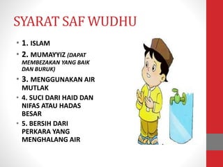 SYARAT SAF WUDHU
• 1. ISLAM
• 2. MUMAYYIZ (DAPAT
MEMBEZAKAN YANG BAIK
DAN BURUK)
• 3. MENGGUNAKAN AIR
MUTLAK
• 4. SUCI DARI HAID DAN
NIFAS ATAU HADAS
BESAR
• 5. BERSIH DARI
PERKARA YANG
MENGHALANG AIR
 