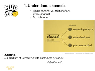 1. Understand channels
•  Single channel vs. Multichannel
•  Cross-channel
•  Omnichannel

Chris Risdon & Patrick Quattlebaum

„Channel
– a medium of interaction with customers or users”
-Adaptive path
WUD WRO
2013

 
