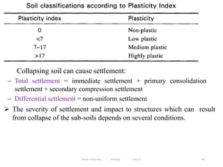 Collapsing soil can cause settlement:
147
– Total settlement = immediate settlement + primary consolidation
settlement + secondary compression settlement
– Differential settlement = non-uniform settlement
 The severity of settlement and impact to structures which can result
from collapse of the sub-soils depends on several conditions.
Wollo University, Ethiopia Elias A.
 
