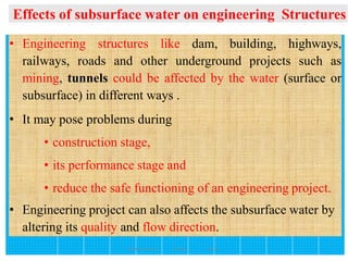 Effects of subsurface water on engineering Structures
160
• Engineering structures like dam, building, highways,
railways, roads and other underground projects such as
mining, tunnels could be affected by the water (surface or
subsurface) in different ways .
• It may pose problems during
• construction stage,
• its performance stage and
• reduce the safe functioning of an engineering project.
• Engineering project can also affects the subsurface water by
altering its quality and flow direction.
Wollo University, Ethiopia Elias A.
 
