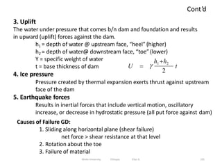 Cont’d
191
3. Uplift
The water under pressure that comes b/n dam and foundation and results
in upward (uplift) forces against the dam.
h1 = depth of water @ upstream face, “heel” (higher)
h2 = depth of water@ downstream face, “toe” (lower)
Υ = specific weight of water
t = base thickness of dam
4. Ice pressure
t
U  
h1 h2
2
Pressure created by thermal expansion exerts thrust against upstream
face of the dam
5. Earthquake forces
Results in inertial forces that include vertical motion, oscillatory
increase, or decrease in hydrostatic pressure (all put force against dam)
Causes of Failure GD:
1. Sliding along horizontal plane (shear failure)
net force > shear resistance at that level
2. Rotation about the toe
3. Failure of material
Wollo University, Ethiopia Elias A.
 