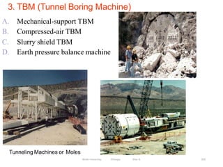 3. TBM (Tunnel Boring Machine)
259
A. Mechanical-support TBM
B. Compressed-air TBM
C. Slurry shield TBM
D. Earth pressure balance machine
Wollo University, Ethiopia Elias A.
 