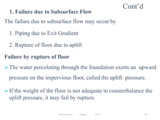 Wollo University, Ethiopia Elias A. 381
Cont’d
1. Failure due to Subsurface Flow
The failure due to subsurface flow may occur by
1. Piping due to Exit Gradient
2. Rupture of floor due to uplift
Failure by rupture of floor
The water percolating through the foundation exerts an upward
pressure on the impervious floor, called the uplift pressure.
If the weight of the floor is not adequate to counterbalance the
uplift pressure, it may fail by rupture.
 