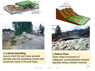 11
e) Lateral spreading
occurs when the soil mass spreads
laterally and this spreading comes with
tensional cracks in the soil mass.
f) Debris Flow:
Down slope movement of
collapsed, unconsolidated material
typically along a stream channel.
100
Wollo University, Ethiopia Elias A.
 
