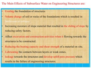 The Main Effects of Subsurface Water on Engineering Structures are:
161
• Eroding the foundation of structures
• Volume change of soil or rocks of the foundations which is resulted in
Settlement or collapse.
• Increasing moisture of slope material that resulted in the sliding of slope by
reducing safety factors.
• Affect excavation and construction activities when it flowing towards the
structures to be constructed.
• Reducing the bearing capacity and shear strength of a material on site.
• Lubricating the contacts between layers or weak zones.
• leakage towards the structures and develop uplift pore pressure which
results in the failure of engineering structures.
Wollo University, Ethiopia Elias A.
 