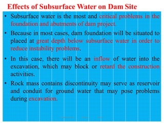 Effects of Subsurface Water on Dam Site
163
• Subsurface water is the most and critical problems in the
foundation and abutments of dam project.
• Because in most cases, dam foundation will be situated to
placed at great depth below subsurface water in order to
reduce instability problems.
• In this case, there will be an inflow of water into the
excavation, which may block or retard the construction
activities.
• Rock mass contains discontinuity may serve as reservoir
and conduit for ground water that may pose problems
during excavation.
Wollo University, Ethiopia Elias A.
 