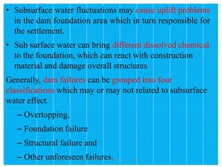 165
• Subsurface water fluctuations may cause uplift problems
in the dam foundation area which in turn responsible for
the settlement.
• Sub surface water can bring different dissolved chemical
to the foundation, which can react with construction
material and damage overall structures
Generally, dam failures can be grouped into four
classifications which may or may not related to subsurface
water effect:
– Overtopping,
– Foundation failure
– Structural failure and
– Other unforeseen failures.
Wollo University, Ethiopia Elias A.
 