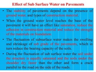 Effect of Sub Surface Water on Pavements
169
• The stability of pavements depend on the presence of
ground water, and types of construction material.
• When the ground water level reaches the base of the
pavement it will have an effect like saturation, reduce the
adhesion in construction material and reduce the strength
of the materials on foundation.
• The fluctuation of subsurface water makes the swelling
and shrinkage of sub grade of the pavements, which in
turn reduce the bearing capacity of the soils.
• During the fluctuation of sub surface water the soil under
the structure is equally saturated and the soils under the
shoulder dry faster than the other and form a crack
parallel to the road on the side of the roads.
Wollo University, Ethiopia Elias A.
 