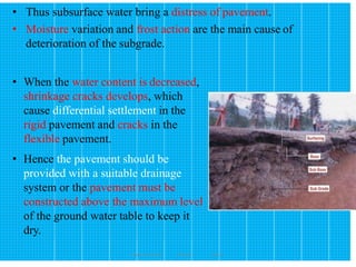 170
• Thus subsurface water bring a distress of pavement.
• Moisture variation and frost action are the main cause of
deterioration of the subgrade.
• When the water content is decreased,
shrinkage cracks develops, which
cause differential settlement in the
rigid pavement and cracks in the
flexible pavement.
• Hence the pavement should be
provided with a suitable drainage
system or the pavement must be
constructed above the maximum level
of the ground water table to keep it
dry.
Wollo University, Ethiopia Elias A.
 