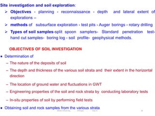 18
Site investigation and soil exploration:
 Objectives - planning - reconnaissance - depth and lateral extent of
explorations –
 methods of subsurface exploration - test pits - Auger borings - rotary drilling
 Types of soil samples-split spoon samplers- Standard penetration test-
hand cut samples- boring log - soil profile- geophysical methods.
OBJECTIVES OF SOIL INVESTIGATION
● Determination of
– The nature of the deposits of soil
– The depth and thickness of the various soil strata and their extent in the horizontal
direction
– The location of ground water and fluctuations in GWT
– Engineering properties of the soil and rock strata by conducting laboratory tests
– In-situ properties of soil by performing field tests
● Obtaining soil and rock samples from the various strata
Wollo University, Ethiopia Elias A.
 