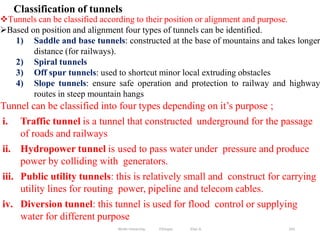 Classification of tunnels
243
Tunnels can be classified according to their position or alignment and purpose.
Based on position and alignment four types of tunnels can be identified.
1) Saddle and base tunnels: constructed at the base of mountains and takes longer
distance (for railways).
2) Spiral tunnels
3) Off spur tunnels: used to shortcut minor local extruding obstacles
4) Slope tunnels: ensure safe operation and protection to railway and highway
routes in steep mountain hangs
Tunnel can be classified into four types depending on it’s purpose;;
i. Traffic tunnel is a tunnel that constructed underground for the passage
of roads and railways
ii. Hydropower tunnel is used to pass water under pressure and produce
power by colliding with generators.
iii. Public utility tunnels: this is relatively small and construct for carrying
utility lines for routing power, pipeline and telecom cables.
iv. Diversion tunnel: this tunnel is used for flood control or supplying
water for different purpose
Wollo University, Ethiopia Elias A.
 