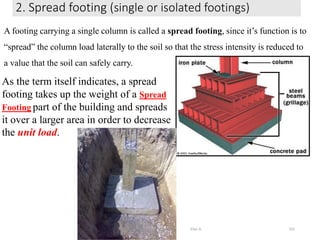 2. Spread footing (single or isolated footings)
332
A footing carrying a single column is called a spread footing, since it’s function is to
“spread” the column load laterally to the soil so that the stress intensity is reduced to
a value that the soil can safely carry.
As the term itself indicates, a spread
footing takes up the weight of a Spread
Footing part of the building and spreads
it over a larger area in order to decrease
the unit load.
Wollo University, Ethiopia Elias A.
 