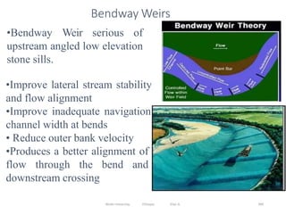 Wollo University, Ethiopia Elias A. 390
Bendway Weirs
•Bendway Weir serious of
upstream angled low elevation
stone sills.
•Improve lateral stream stability
and flow alignment
•Improve inadequate navigation
channel width at bends
• Reduce outer bank velocity
•Produces a better alignment of
flow through the bend and
downstream crossing
 