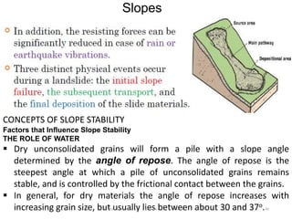 Slopes
94
CONCEPTS OF SLOPE STABILITY
Factors that Influence Slope Stability
THE ROLE OF WATER
 Dry unconsolidated grains will form a pile with a slope angle
determined by the angle of repose. The angle of repose is the
steepest angle at which a pile of unconsolidated grains remains
stable, and is controlled by the frictional contact between the grains.
 In general, for dry materials the angle of repose increases with
increasing grain size, but usually lies between about 30 and 37o.
Wollo University, Ethiopia Elias A.
 