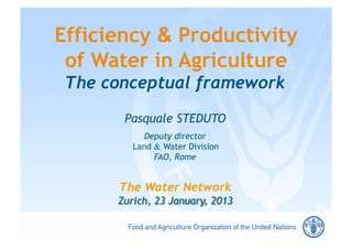 Efficiency & Productivity
 of Water in Agriculture
 The conceptual framework
       Pasquale STEDUTO
          Deputy director
        Land & Water Division
             FAO, Rome
 