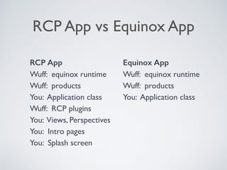 RCP App vs Equinox App
Equinox App
Wuff: equinox runtime
Wuff: products
You: Application class
RCP App
Wuff: equinox runtime
Wuff: products
You: Application class 
Wuff: RCP plugins
You: Views, Perspectives
You: Intro pages
You: Splash screen
 