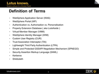 Definition of Terms
●   WebSphere Application Server (WAS)
●   WebSphere Portal (WP)
●   Authentication vs. Authorisation vs. Personalisation
●   Property Extension Database ( aka LookAside )
●   Virtual Member Manager (VMM)
●   WebSphere Identity Manager (WIM)
●   Custom User Registry (CUR)
●   Trust Association Interceptor (TAI)
●   Lightweight Third Party Authentication (LTPA)
●   Simple and Protected GSSAPI Negotiation Mechanism (SPNEGO)
●   Security Assertion Markup Language (SAML)
●   Kerberos
●   Shibboleth




                                          4
 