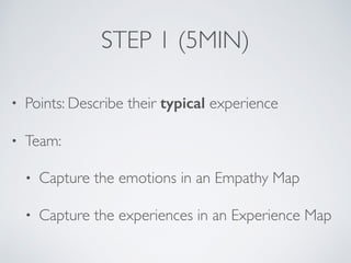 STEP 1 (5MIN)
• Points: Describe their typical experience
• Team:
• Capture the emotions in an Empathy Map
• Capture the experiences in an Experience Map
 