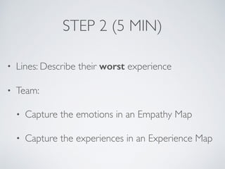 STEP 2 (5 MIN)
• Lines: Describe their worst experience
• Team:
• Capture the emotions in an Empathy Map
• Capture the experiences in an Experience Map
 