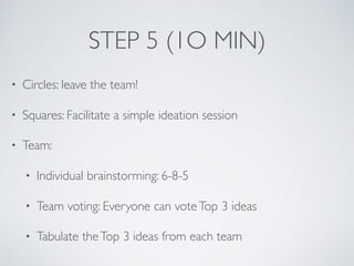 STEP 5 (1O MIN)
• Circles: leave the team!
• Squares: Facilitate a simple ideation session
• Team:
• Individual brainstorming: 6-8-5
• Team voting: Everyone can voteTop 3 ideas
• Tabulate theTop 3 ideas from each team
 