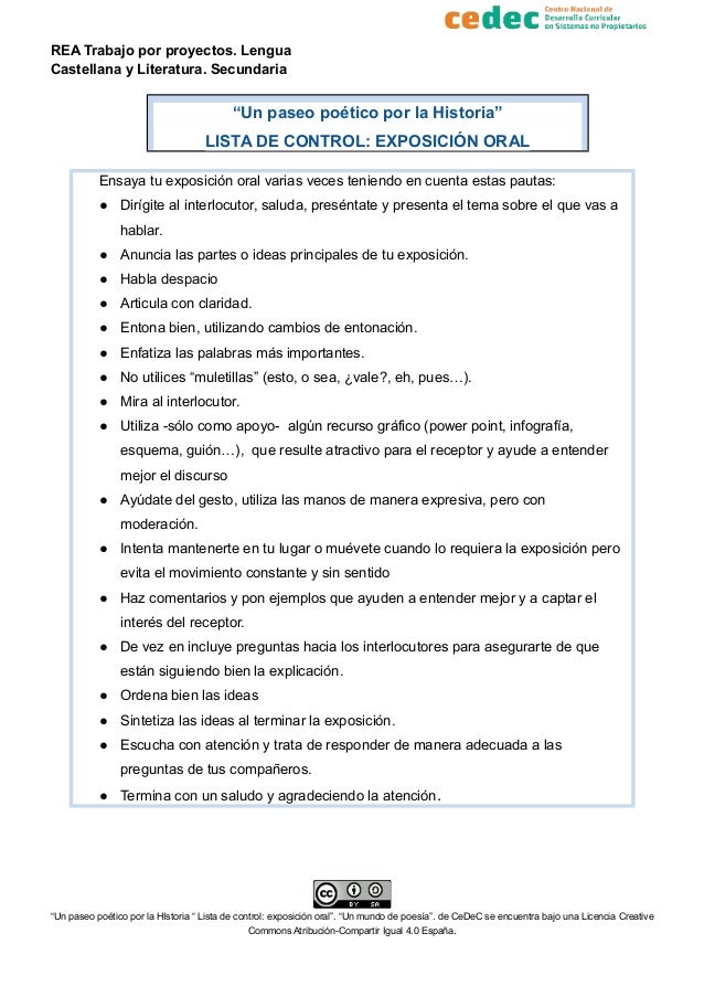 REA Trabajo por proyectos. Lengua
Castellana y Literatura. Secundaria
“Un paseo poético por la Historia”
LISTA DE CONTROL:...