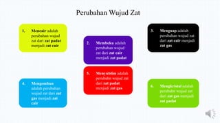 Perubahan Wujud Zat
1. Mencair adalah
perubahan wujud
zat dari zat padat
menjadi zat cair
2. Membeku adalah
perubahan wujud
zat dari zat cair
menjadi zat padat
3. Menguap adalah
perubahan wujud zat
dari zat cair menjadi
zat gas
4. Mengembun
adalah perubahan
wujud zat dari zat
gas menjadi zat
cair
6. Mengkristal adalah
perubahn wujud zat
dari zat gas menjadi
zat padat
5. Menyublim adalah
perubahn wujud zat
dari zat padat
menjadi zat gas
 