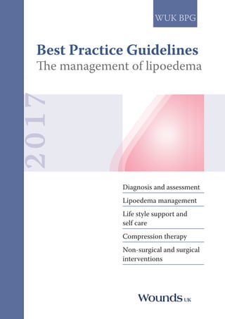 2017
WUK BPG
Diagnosis and assessment
Lipoedema management
Life style support and
self care
Compression therapy
Non-surgical and surgical
interventions
Best Practice Guidelines
The management of lipoedema
 