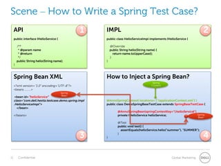 Scene – How to Write a Spring Test Case?
API
public interface IHelloService {
/**
* @param name
* @return
*/
public String hello(String name);
}
IMPL
public class HelloServiceImpl implements IHelloService {
@Override
public String hello(String name) {
return name.toUpperCase();
}
}
How to Inject a Spring Bean?
@AnnoSpringContext( locations= {"/applicationContext.xml"} )
public class DemoSpringBaseTestCase extends SpringBaseTestCase {
@AnnoSpringBean(springContextKey="{helloService}")
private IHelloService helloService;
@Test
public void test() {
assertEquals(helloService.hello("summer"), "SUMMER");
}
}
Spring Bean XML
<?xml version="1.0" encoding="UTF-8"?>
<beans ……>
<bean id="helloService"
class="com.dell.hestia.testcase.demo.spring.impl
.HelloServiceImpl">
</bean>
</beans>
4
2
3
1
Spring
Content
Spring
Bean
Spring
Bean
 