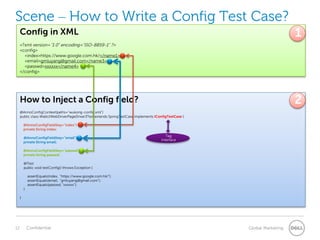 Scene – How to Write a Config Test Case?
Config in XML
<?xml version="1.0" encoding="ISO-8859-1" ?>
<config>
<index>https://www.google.com.hk/</name1>
<email>gmluyang@gmail.com</name3>
<passwd>xxxxxx</name4>
</config>
How to Inject a Config field?
@AnnoConfigContext(paths="wukong-config.xml")
public class WebUIWebDriverPageDriver3Test extends SpringTestCase implements IConfigTestCase {
@AnnoConfigField(key="index")
private String index;
@AnnoConfigField(key="email")
private String email;
@AnnoConfigField(key="passwd")
private String passwd;
@Test
public void testConfig() throws Exception {
assertEquals(index, "https://www.google.com.hk/");
assertEquals(email, "gmluyang@gmail.com");
assertEquals(passwd, "xxxxxx");
}
}
2
1
Tag
Interface
 