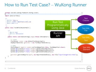 How to Run Test Case? – WuKong Runner
Test
Classes
Test XML
File
Test XML
Element
Test XML
Text
Runner
API
Run Test
Programmatically
using Java
 