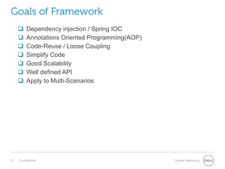 Goals of Framework
 Dependency injection / Spring IOC
 Annotations Oriented Programming(AOP)
 Code-Reuse / Loose Coupling
 Simplify Code
 Good Scalability
 Well defined API
 Apply to Multi-Scenarios
 