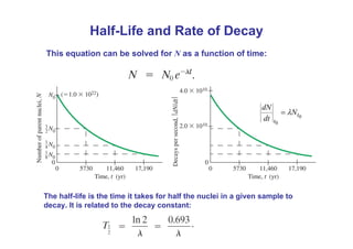 This equation can be solved for N as a function of time:
Half-Life and Rate of Decay
The half-life is the time it takes for half the nuclei in a given sample to
decay. It is related to the decay constant:
0
0
t
t
N
dt
dN
λ
=
 