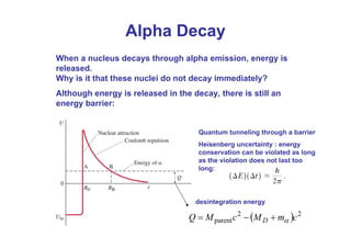 When a nucleus decays through alpha emission, energy is
released.
Why is it that these nuclei do not decay immediately?
Although energy is released in the decay, there is still an
energy barrier:
Alpha Decay
Quantum tunneling through a barrier
Heisenberg uncertainty : energy
conservation can be violated as long
as the violation does not last too
long:
( ) 2
2
parent c
m
M
c
M
Q D α
+
−
=
desintegration energy
 