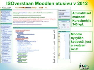 ISOverstaan Moodlen etusivu v 2012
                           Ammatilliset
                           mukaan!
                           Kurssipohjia
                           343 kpl.


                           Moodle
                           nykyään
                           kotipesä, jost
                           a avataan
                           ovia!
 