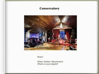 Conservatory




Music!

Share. Explore. Recommend.
What's on your playlist?
 