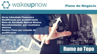 Gerar Liberdade Financeira
Qualificação por produtividade
Meta de Atividade Mensal Mínima
Reconhecimento por resultados
efetivos
Ganhos Fixos por camada de
qualificação
Rumo ao Topo
Plano de Negócio
 