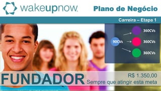 90CVs
360CVs
360CVs
360CVs
R$ 1.350,00
Sempre que atingir esta metaFUNDADOR
Plano de Negócio
Carreira – Etapa 1
 