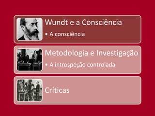 Wundt e a Consciência
• A consciência


Metodologia e Investigação
• A introspeção controlada



Críticas
 