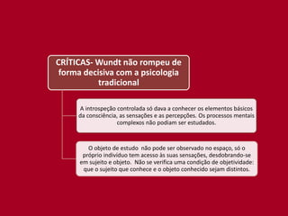 CRÍTICAS- Wundt não rompeu de
 forma decisiva com a psicologia
           tradicional

     A introspeção controlada só dava a conhecer os elementos básicos
     da consciência, as sensações e as percepções. Os processos mentais
                   complexos não podiam ser estudados.


         O objeto de estudo não pode ser observado no espaço, só o
       próprio indivíduo tem acesso às suas sensações, desdobrando-se
      em sujeito e objeto. Não se verifica uma condição de objetividade:
       que o sujeito que conhece e o objeto conhecido sejam distintos.
 