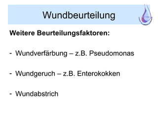 Wundbeurteilung
Weitere Beurteilungsfaktoren:
- Wundverfärbung – z.B. Pseudomonas
- Wundgeruch – z.B. Enterokokken
- Wundabstrich
 