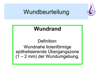 Wundbeurteilung
Wundrand
Definition:
Wundnahe linienförmige
epithelisierende Übergangszone
(1 – 2 mm) der Wundumgebung.
 