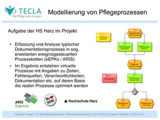 Modellierung von Pflegeprozessen 
Aufgabe der HS Harz im Projekt 
● Erfassung und Analyse typischer 
Dokumentationsprozesse in sog. 
erweiterten ereignisgesteuerten 
Prozessketten (eEPKs / ARIS) 
● Im Ergebnis entstehen virtuelle 
Prozesse mit Angaben zu Zeiten, 
Fehlerquellen, Verantwortlichkeiten, 
Dokumentation etc. auf deren Basis 
die realen Prozesse optimiert werden 
Berliner Projekt | 14. Schnittstellenseminar | Wunddokumentation | 26.11.2014 | Christian Reinboth | TECLA e.V. 
 