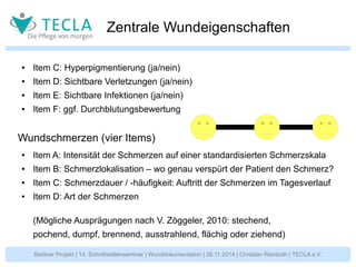 Zentrale Wundeigenschaften 
● Item C: Hyperpigmentierung (ja/nein) 
● Item D: Sichtbare Verletzungen (ja/nein) 
● Item E: Sichtbare Infektionen (ja/nein) 
● Item F: ggf. Durchblutungsbewertung 
Wundschmerzen (vier Items) 
● Item A: Intensität der Schmerzen auf einer standardisierten Schmerzskala 
● Item B: Schmerzlokalisation – wo genau verspürt der Patient den Schmerz? 
● Item C: Schmerzdauer / -häufigkeit: Auftritt der Schmerzen im Tagesverlauf 
● Item D: Art der Schmerzen 
(Mögliche Ausprägungen nach V. Zöggeler, 2010: stechend, 
pochend, dumpf, brennend, ausstrahlend, flächig oder ziehend) 
Berliner Projekt | 14. Schnittstellenseminar | Wunddokumentation | 26.11.2014 | Christian Reinboth | TECLA e.V. 
 